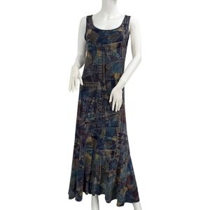 PERUVIAN CONNECTION Small Maxi Dress Blue Patchwork Pima Cotton Modal Sleeveless